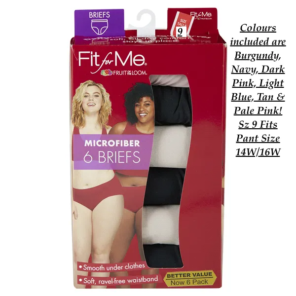 New in package! Fruit of the Loom Women's Plus Fit for Me Microfiber Brief Panty, 6 Pack, Size: 9 Fits 14W/16W Waist!