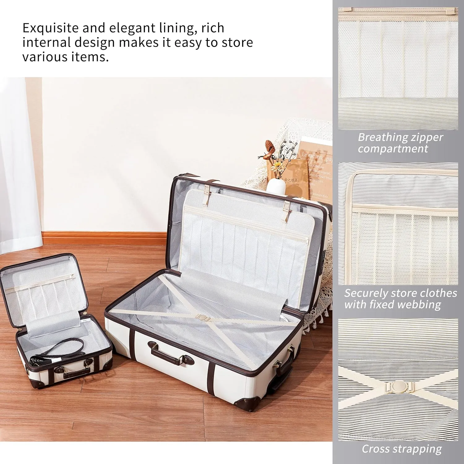NZBZ Vintage Luggage Sets of 4 Pieces, Carry On Cute Suitcase with Rolling Spinner Wheels TSA Lock Luggage, Holy White, 28-inch, Zipper Vintage Luggage