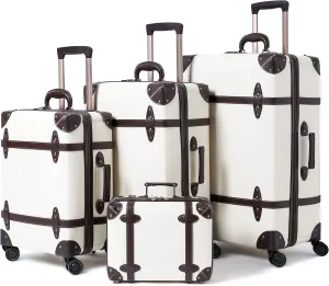 NZBZ Vintage Luggage Sets of 4 Pieces, Carry On Cute Suitcase with Rolling Spinner Wheels TSA Lock Luggage, Holy White, 28-inch, Zipper Vintage Luggage