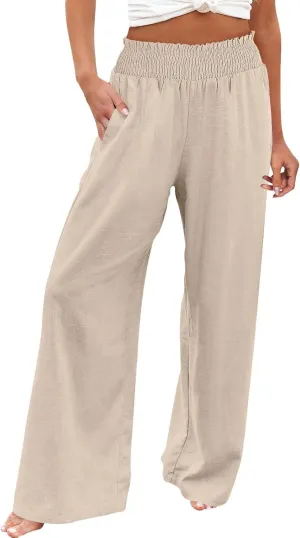 Palazzo Linen Pants Women 2024 High Waisted Wide Leg Boho Trousers Casual Drawstring Loose Workout Pants with Pockets