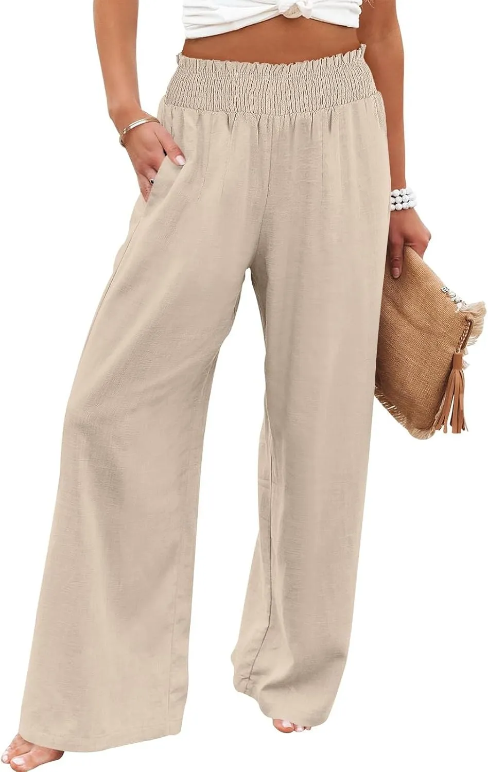 Palazzo Linen Pants Women 2024 High Waisted Wide Leg Boho Trousers Casual Drawstring Loose Workout Pants with Pockets