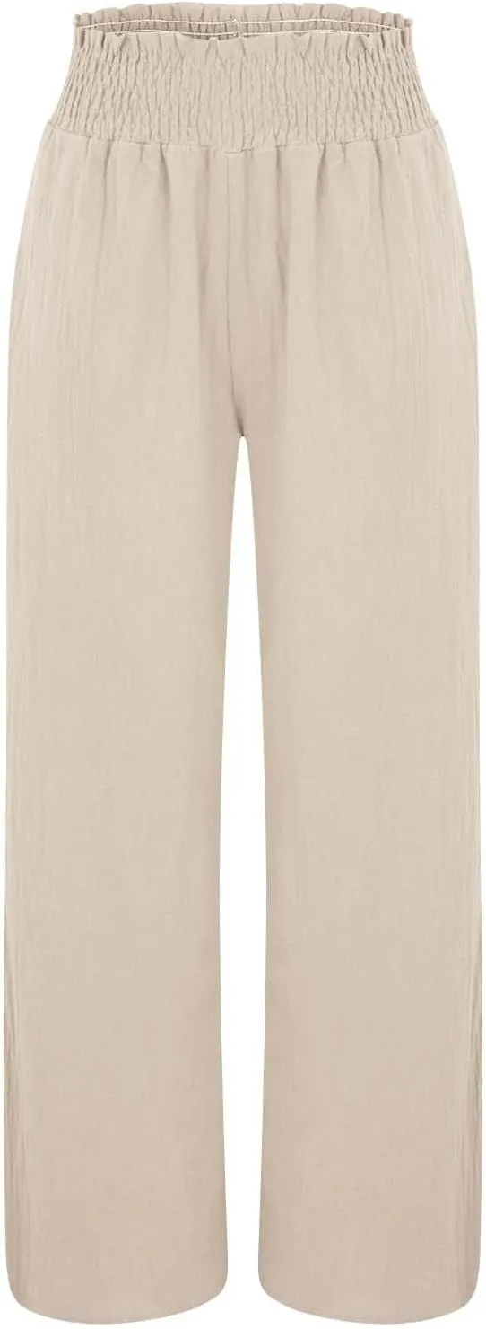 Palazzo Linen Pants Women 2024 High Waisted Wide Leg Boho Trousers Casual Drawstring Loose Workout Pants with Pockets