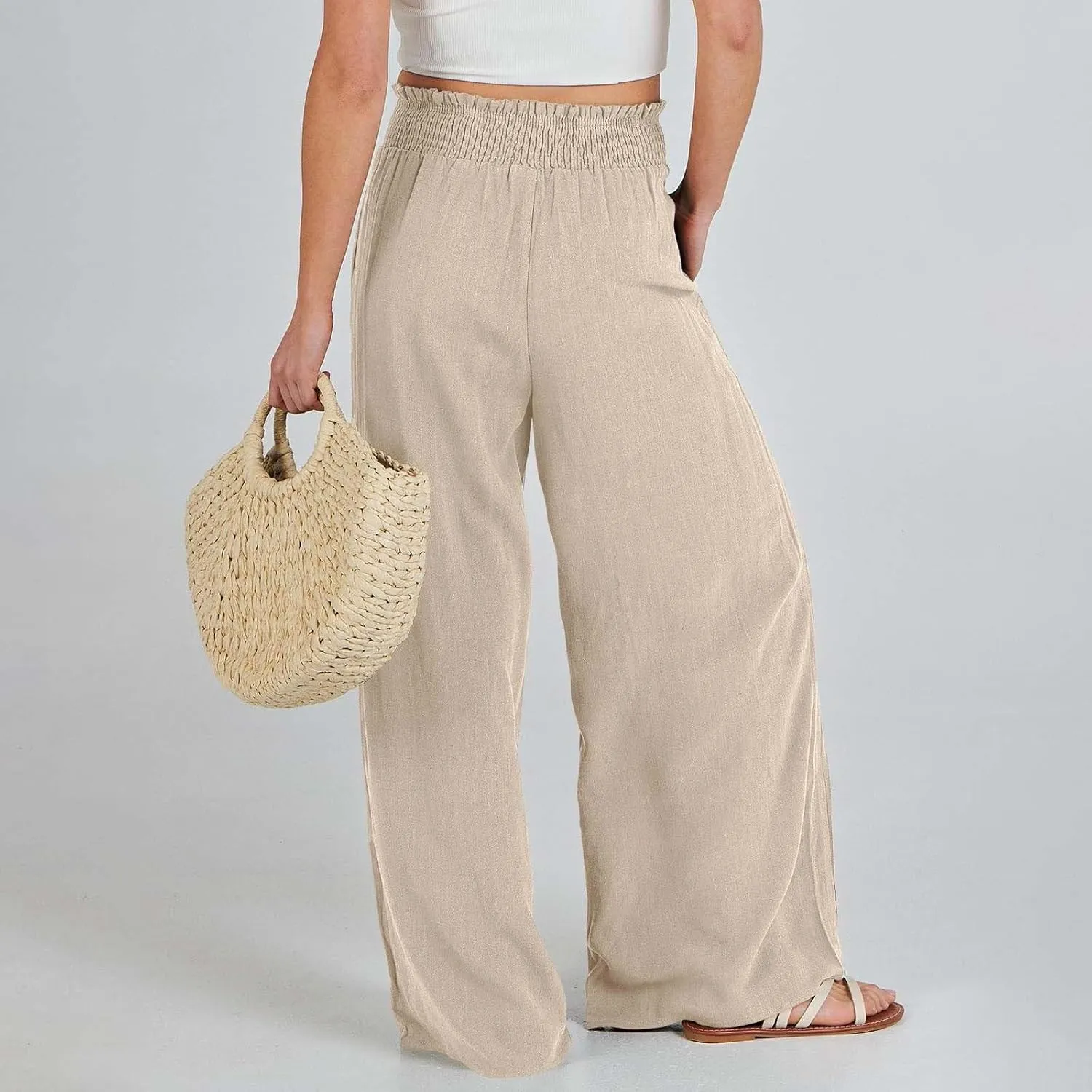 Palazzo Linen Pants Women 2024 High Waisted Wide Leg Boho Trousers Casual Drawstring Loose Workout Pants with Pockets