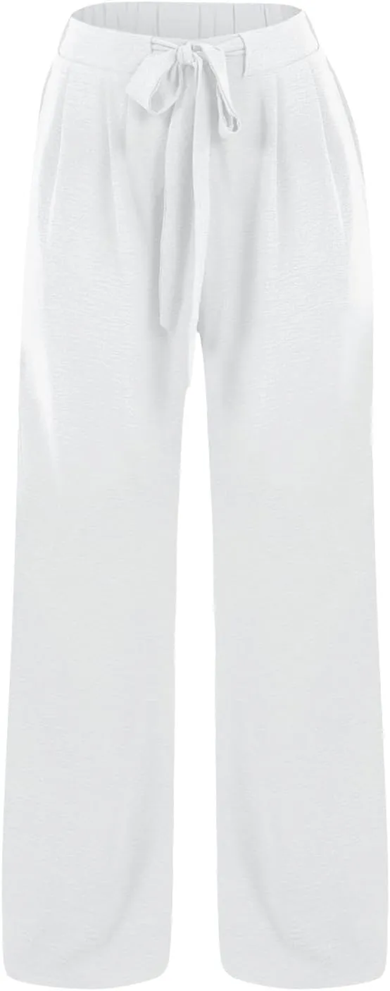 Palazzo Pants for Women Casual Cotton Linen Pants High Waisted Wide Leg Trousers Summer Lounge Pant with Belt Bow