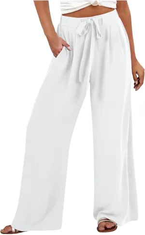 Palazzo Pants for Women Casual Cotton Linen Pants High Waisted Wide Leg Trousers Summer Lounge Pant with Belt Bow