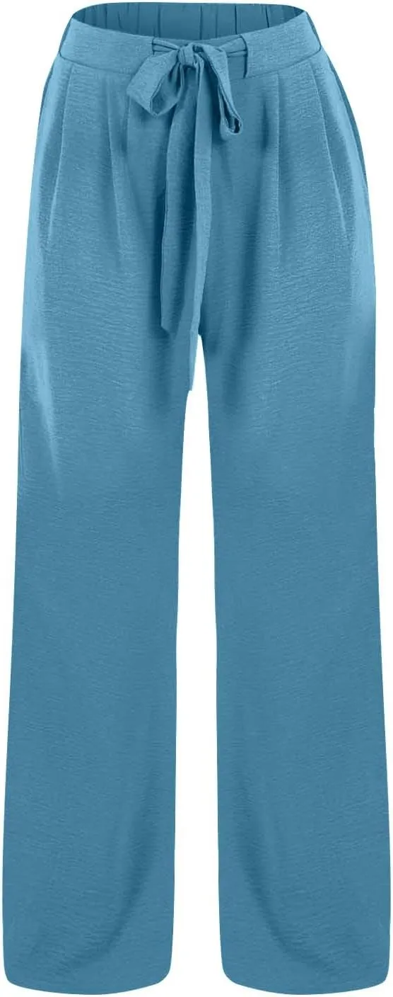 Palazzo Pants for Women Casual Cotton Linen Pants High Waisted Wide Leg Trousers Summer Lounge Pant with Belt Bow