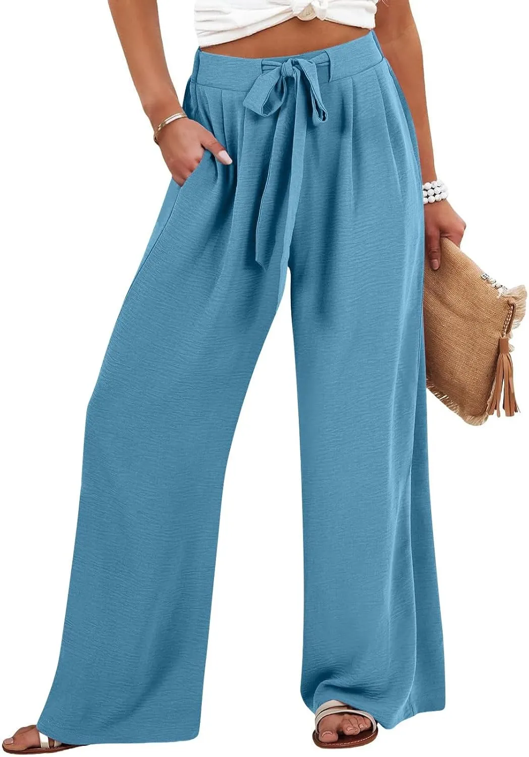 Palazzo Pants for Women Casual Cotton Linen Pants High Waisted Wide Leg Trousers Summer Lounge Pant with Belt Bow