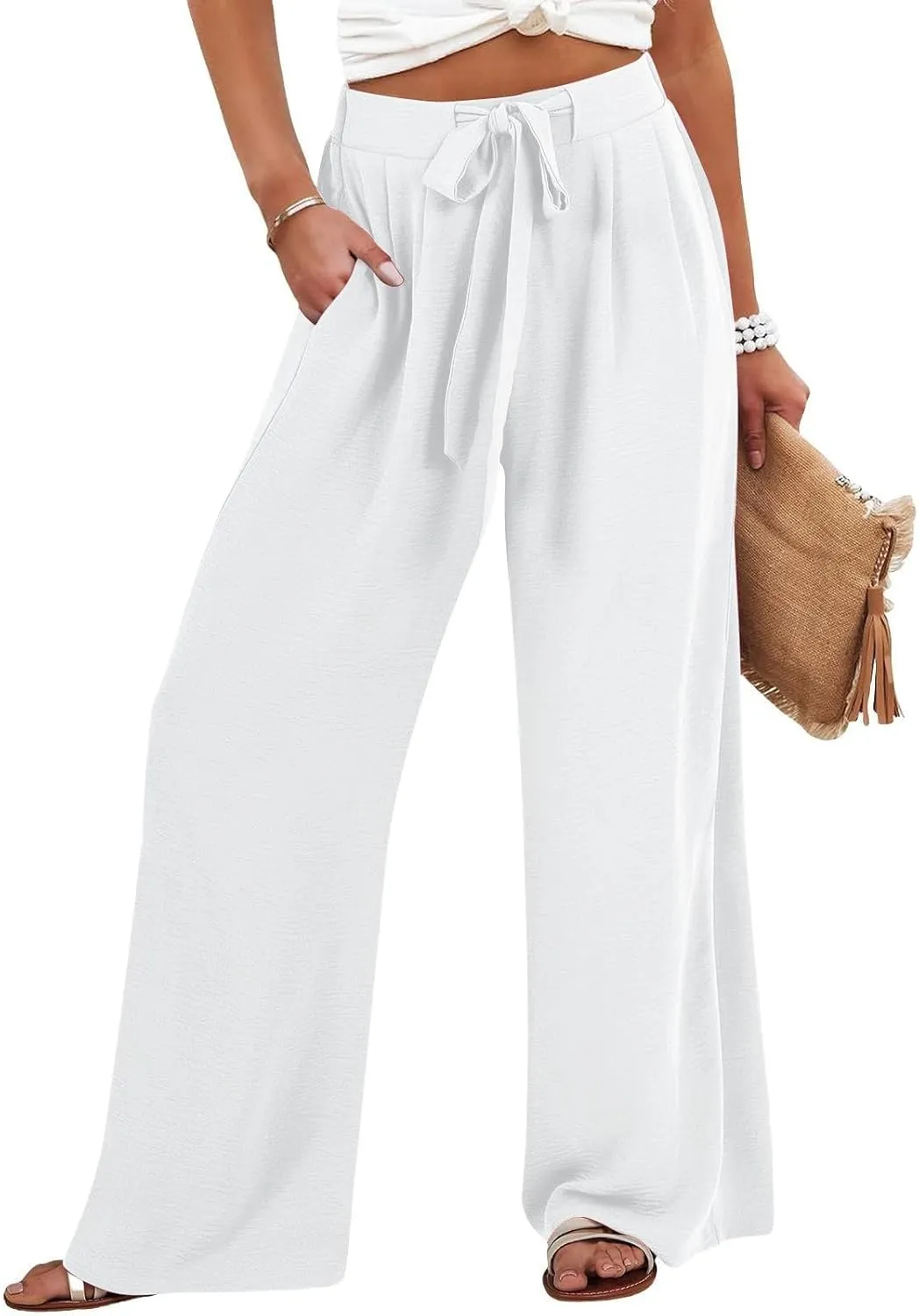 Palazzo Pants for Women Casual Cotton Linen Pants High Waisted Wide Leg Trousers Summer Lounge Pant with Belt Bow