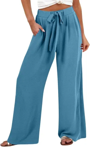 Palazzo Pants for Women Casual Cotton Linen Pants High Waisted Wide Leg Trousers Summer Lounge Pant with Belt Bow