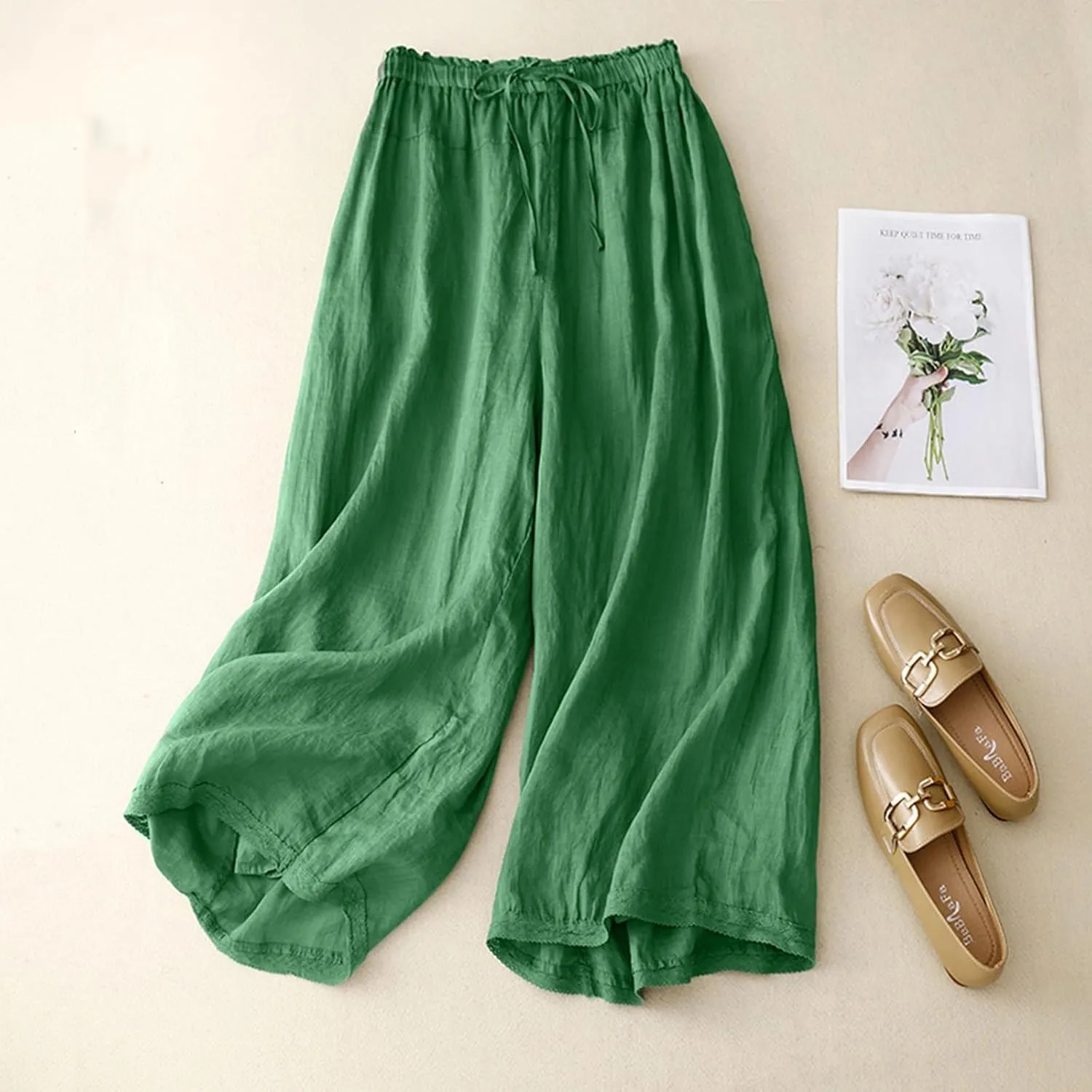 Palazzo Pants for Women Cotton Linen Double Liner Wide Leg Cropped Trousers High Waist Loose Solid Drawstring Pants
