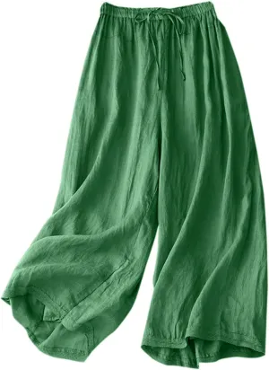 Palazzo Pants for Women Cotton Linen Double Liner Wide Leg Cropped Trousers High Waist Loose Solid Drawstring Pants