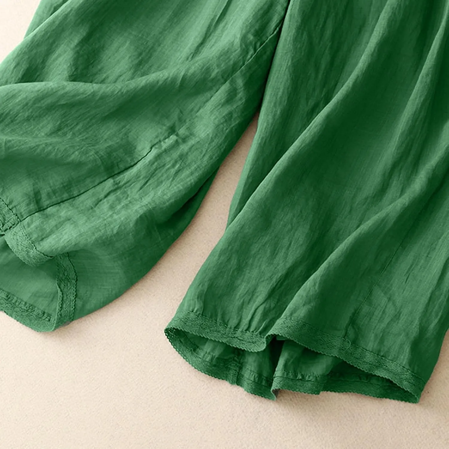 Palazzo Pants for Women Cotton Linen Double Liner Wide Leg Cropped Trousers High Waist Loose Solid Drawstring Pants