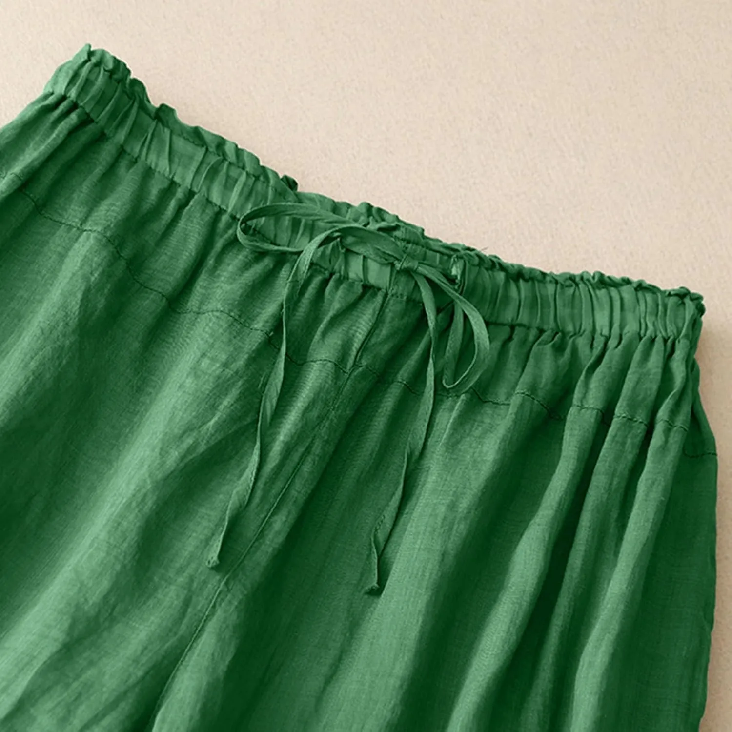 Palazzo Pants for Women Cotton Linen Double Liner Wide Leg Cropped Trousers High Waist Loose Solid Drawstring Pants