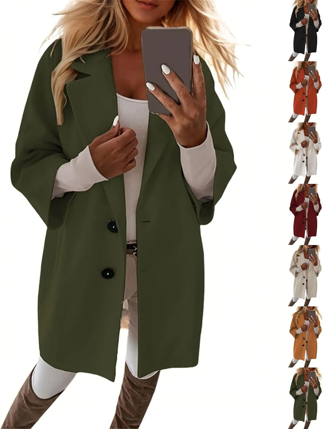 Pea Coats for Women Trendy Lapel Button 3/4 Sleeve Coats Winter Double Breasted Wool Coats with Pockets