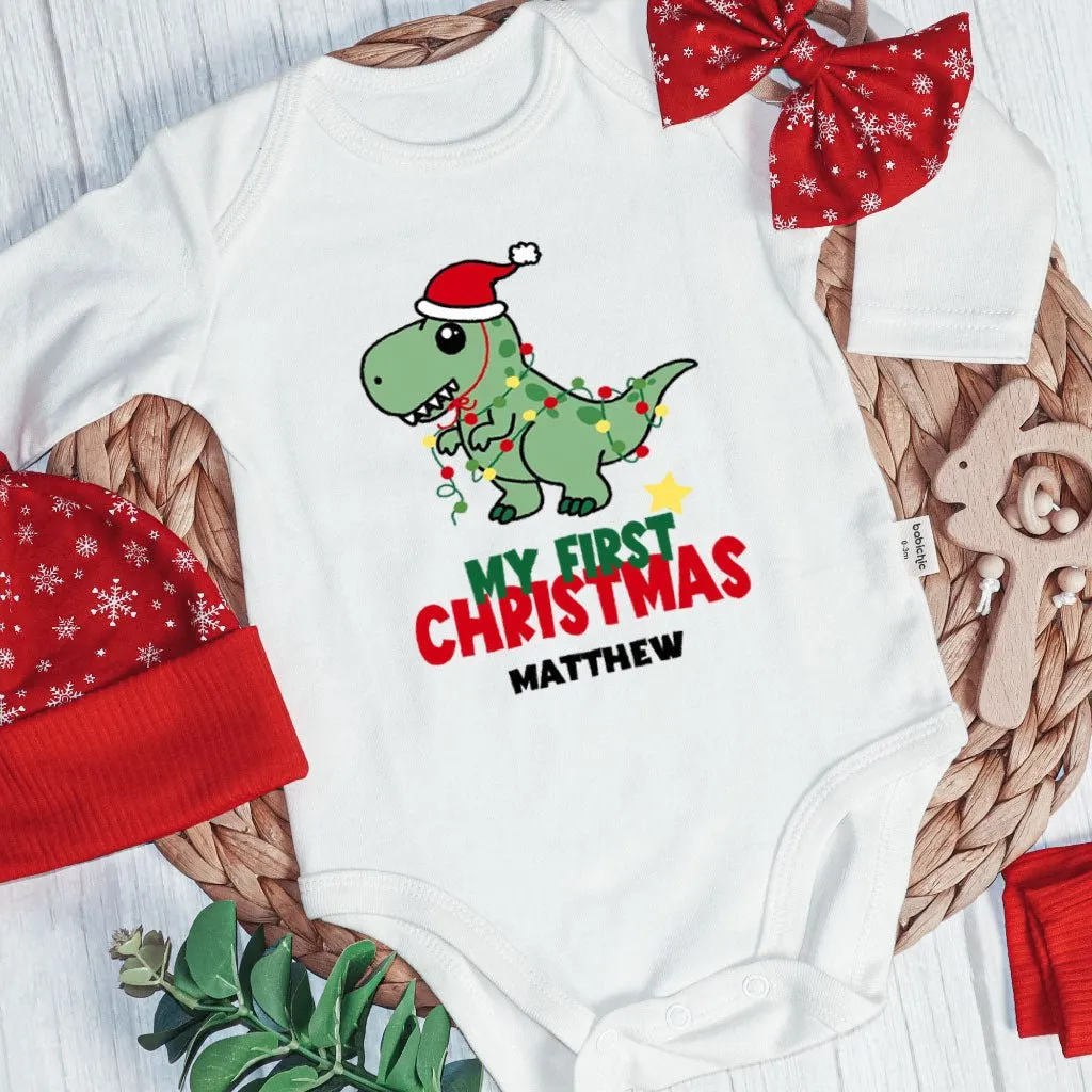 Personalized Christmas Baby Boy Onesies and Long Pants Set | Custom Newborn Onesie Cute Dinosaur Baby Name | Newborn Xmas Outfit