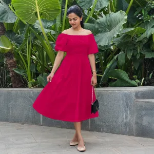 Pink Cotton Poplin Midi Off-Shoulder Dress