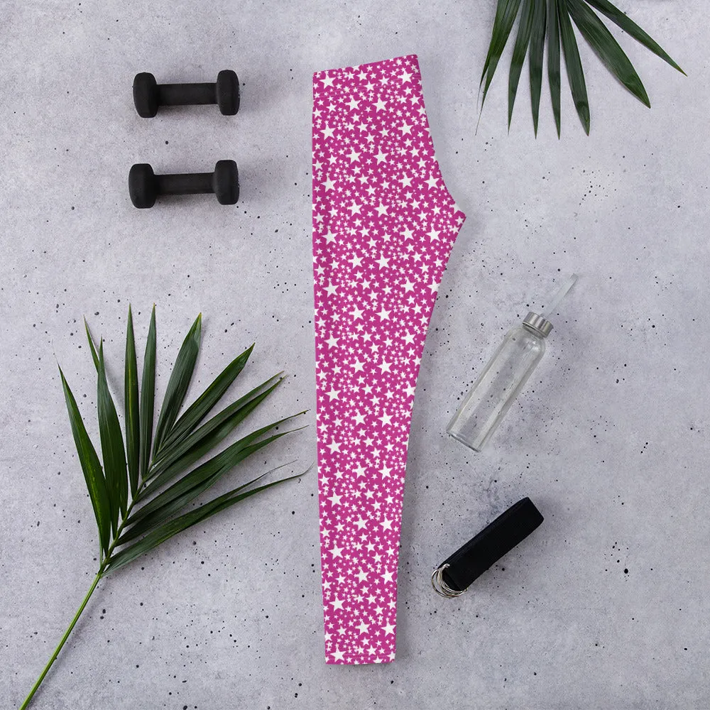 Pink Star Leggings, Hot Pink White Star Pattern Women's Dressy Casual Tights- Made in USA/EU