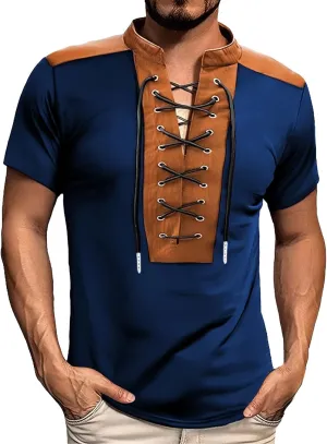 Pirate Shirt for Men Retro Short Sleeve Vintage Summer Big and Tall T-Shirts Casual Oversized V Neck Belt Funny Shirt