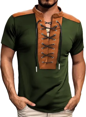 Pirate Shirt for Men Retro Short Sleeve Vintage Summer Big and Tall T-Shirts Casual Oversized V Neck Belt Funny Shirt