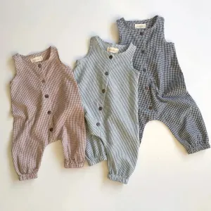 Plaid Sleeveless Button Cotton Muslin Jumpsuits