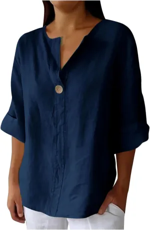 Plus Size Linen Shirts for Women 2025 Trendy Summer Tops Button 3/4 Sleeve V Neck Beach Blouses Boho Loose Tunics