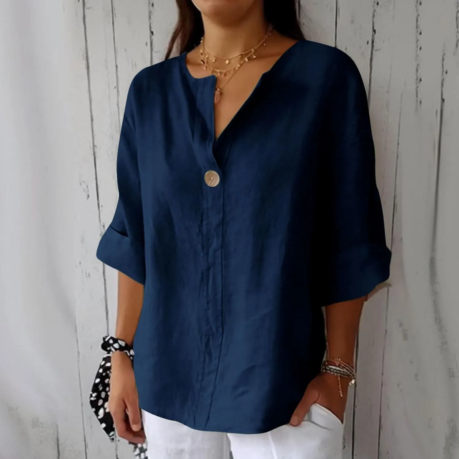 Plus Size Linen Shirts for Women 2025 Trendy Summer Tops Button 3/4 Sleeve V Neck Beach Blouses Boho Loose Tunics