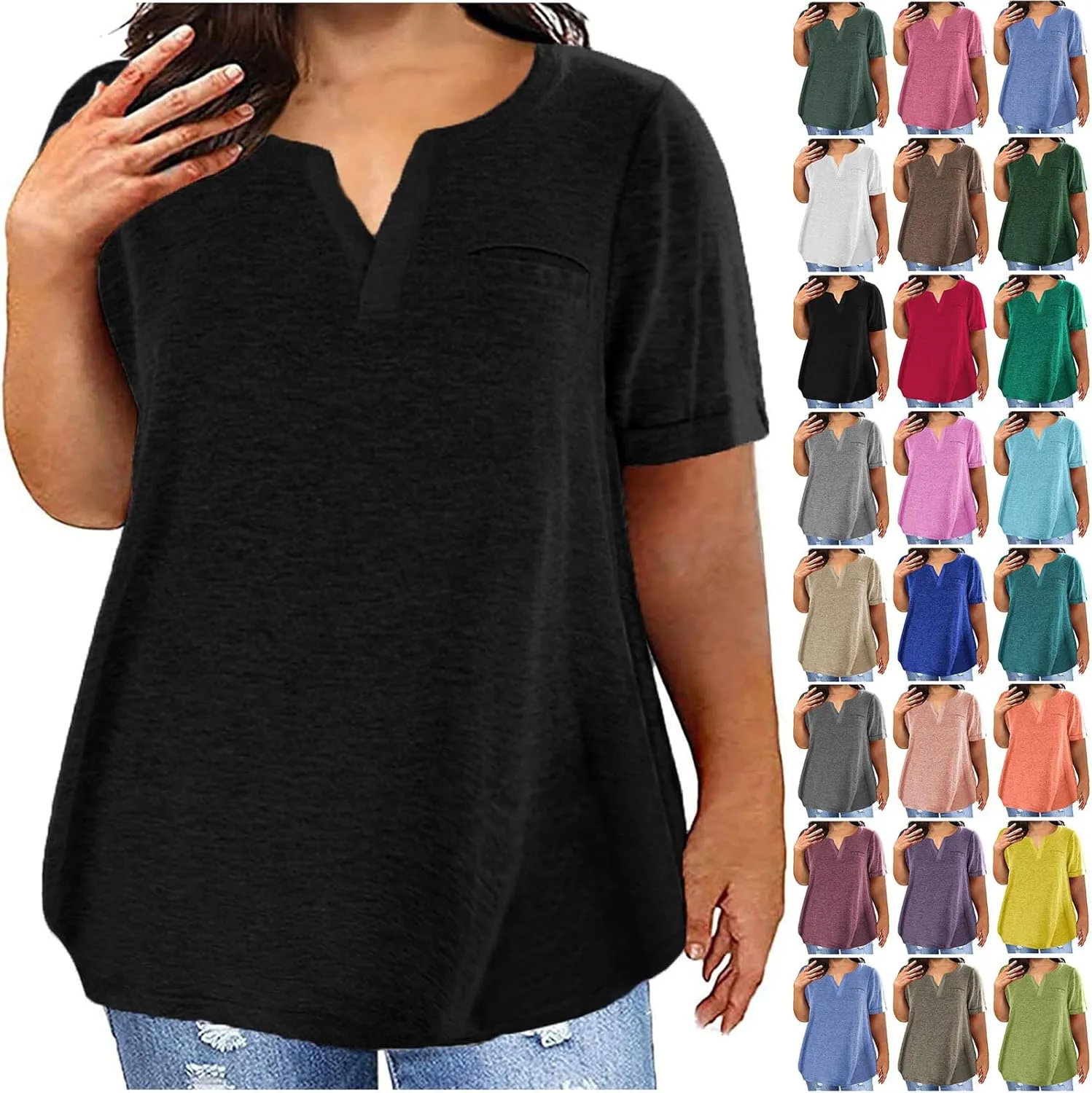 Plus Size Tops for Women Summer Short Sleeve T Shirts Sexy V Neck Comfy T-Shirts Tunic Casual Loose Soft Tee Shirt