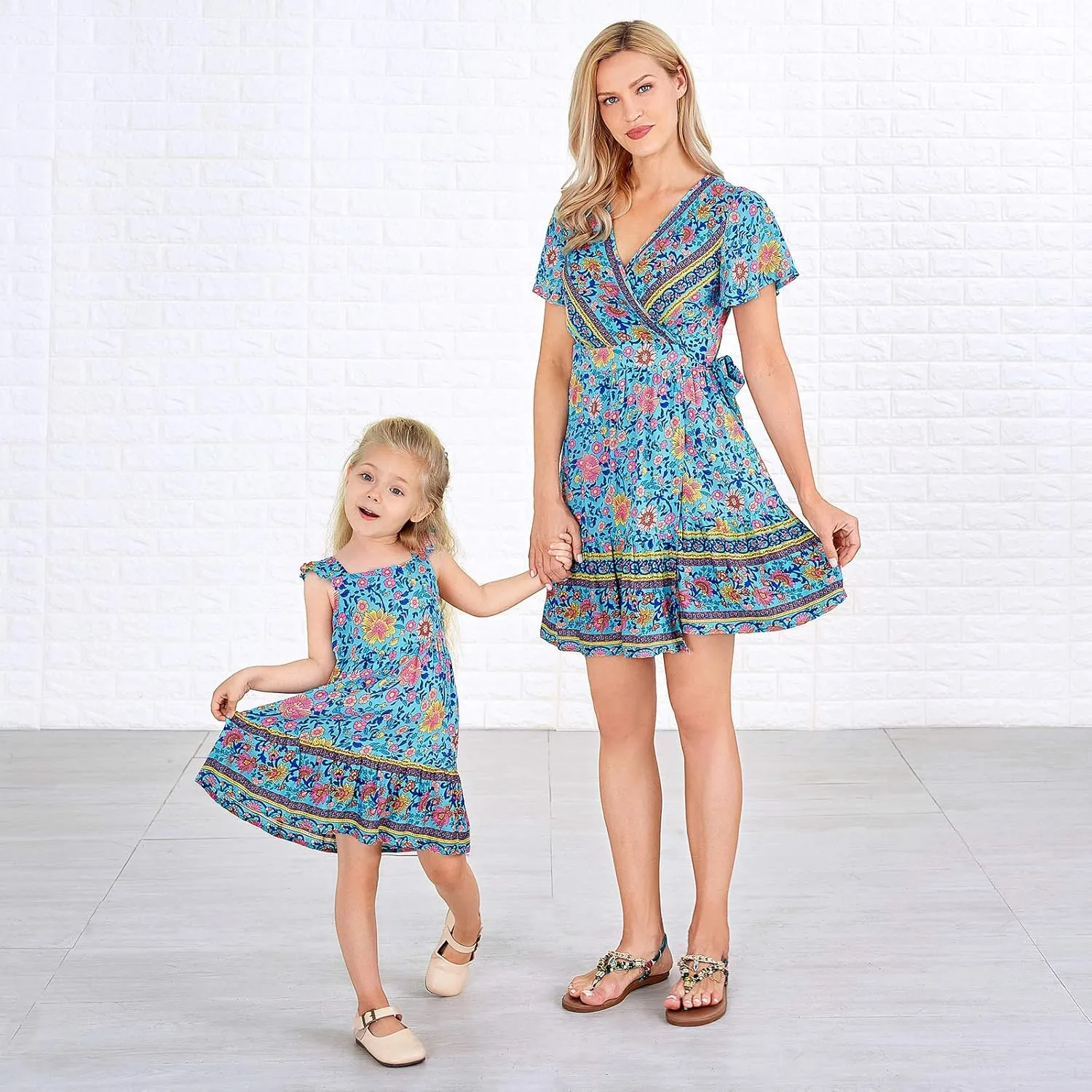 PopReal Mommy and Me Dresses Boho Casual Maxi Dress Summer Short Dress V Neck Wrap Floral Print Short Sleeve