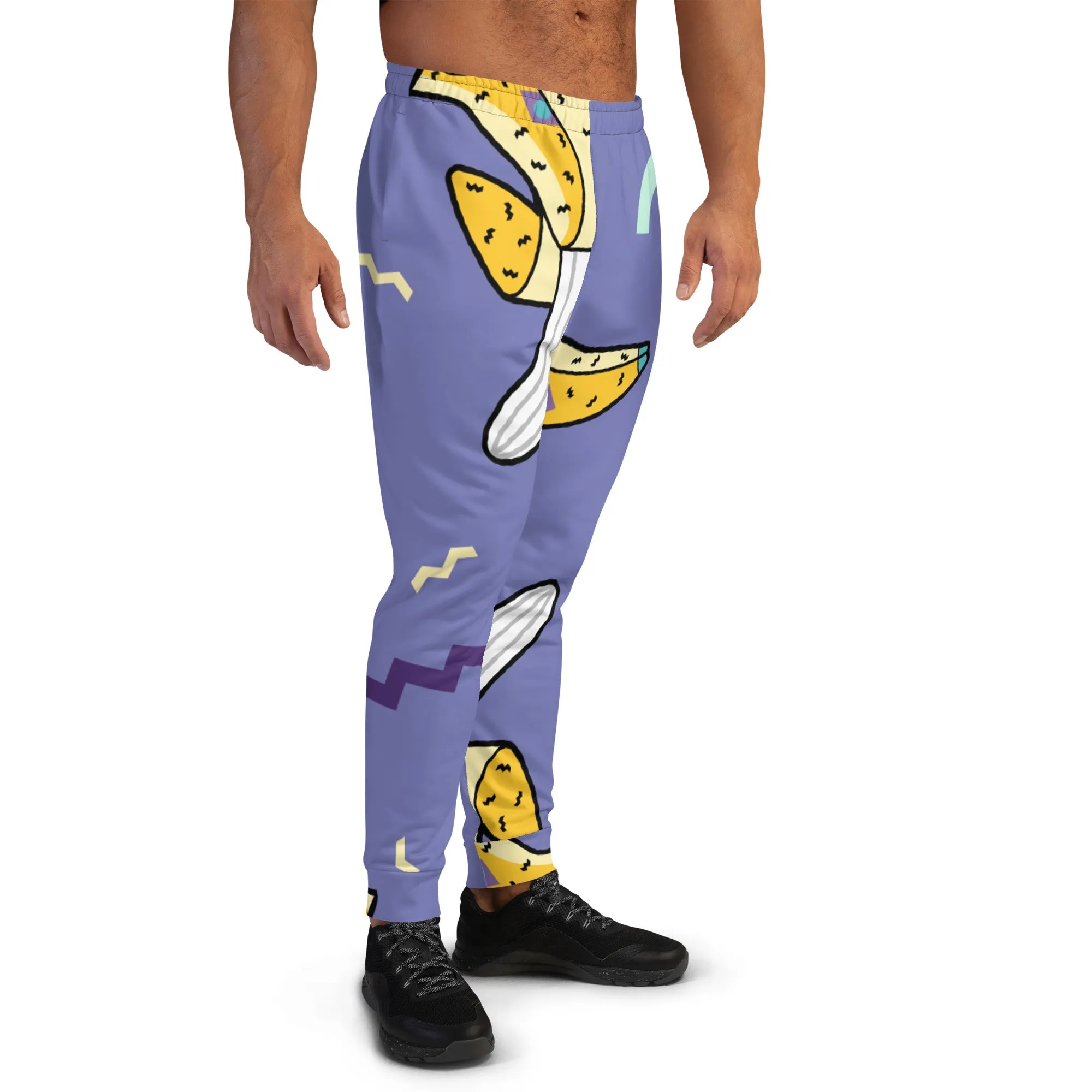 Purple Banana Print Men's Joggers, Slim Fit Designer Premium Quality Men's Sweatpants - Made in USA/EU/MX