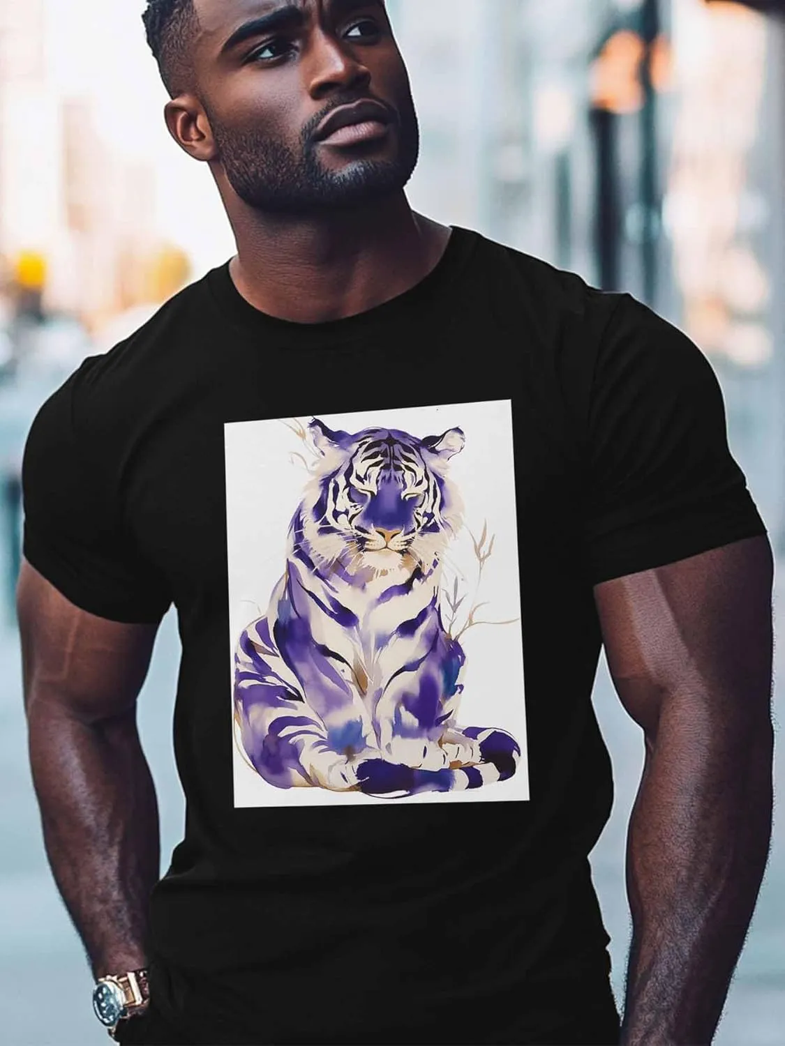 Purple Tiger Men's T Shirts T-Shirt for Men Crew Neck Tees Cotton Tops