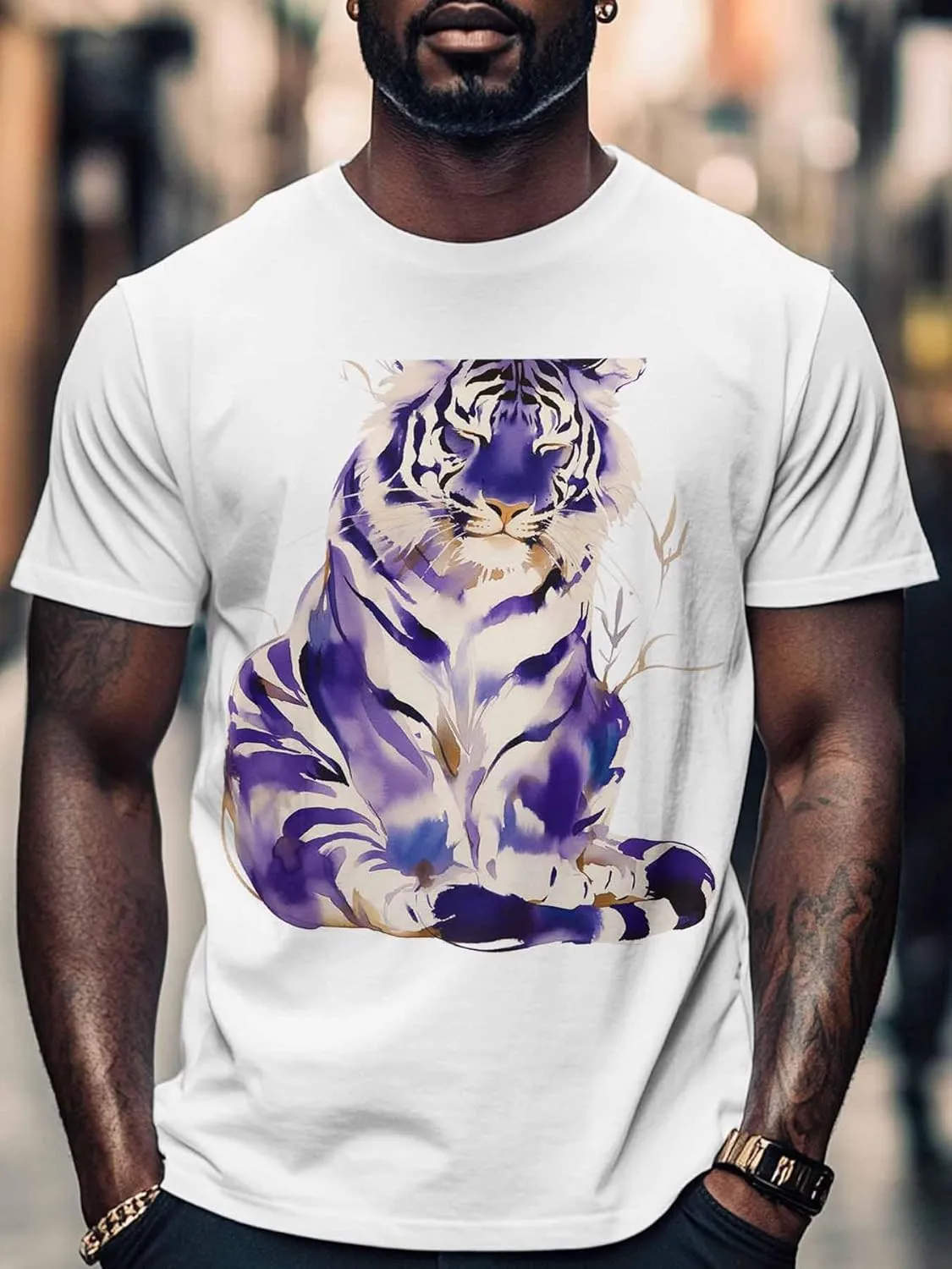 Purple Tiger Men's T Shirts T-Shirt for Men Crew Neck Tees Cotton Tops