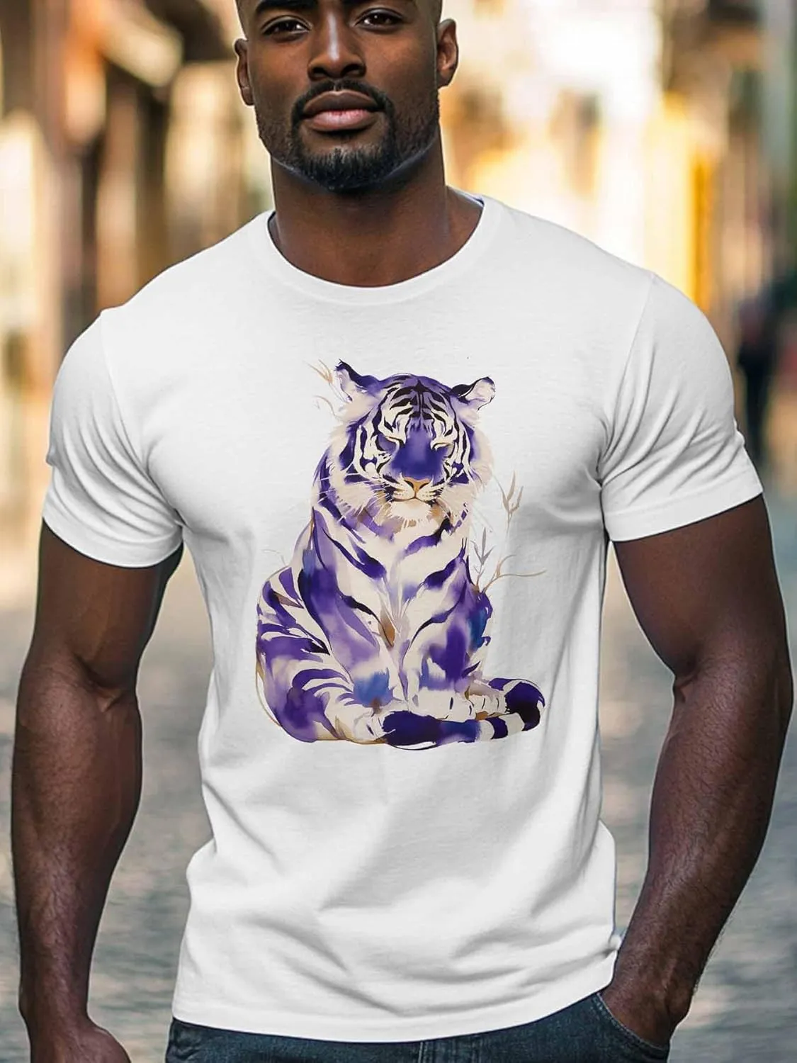 Purple Tiger Men's T Shirts T-Shirt for Men Crew Neck Tees Cotton Tops