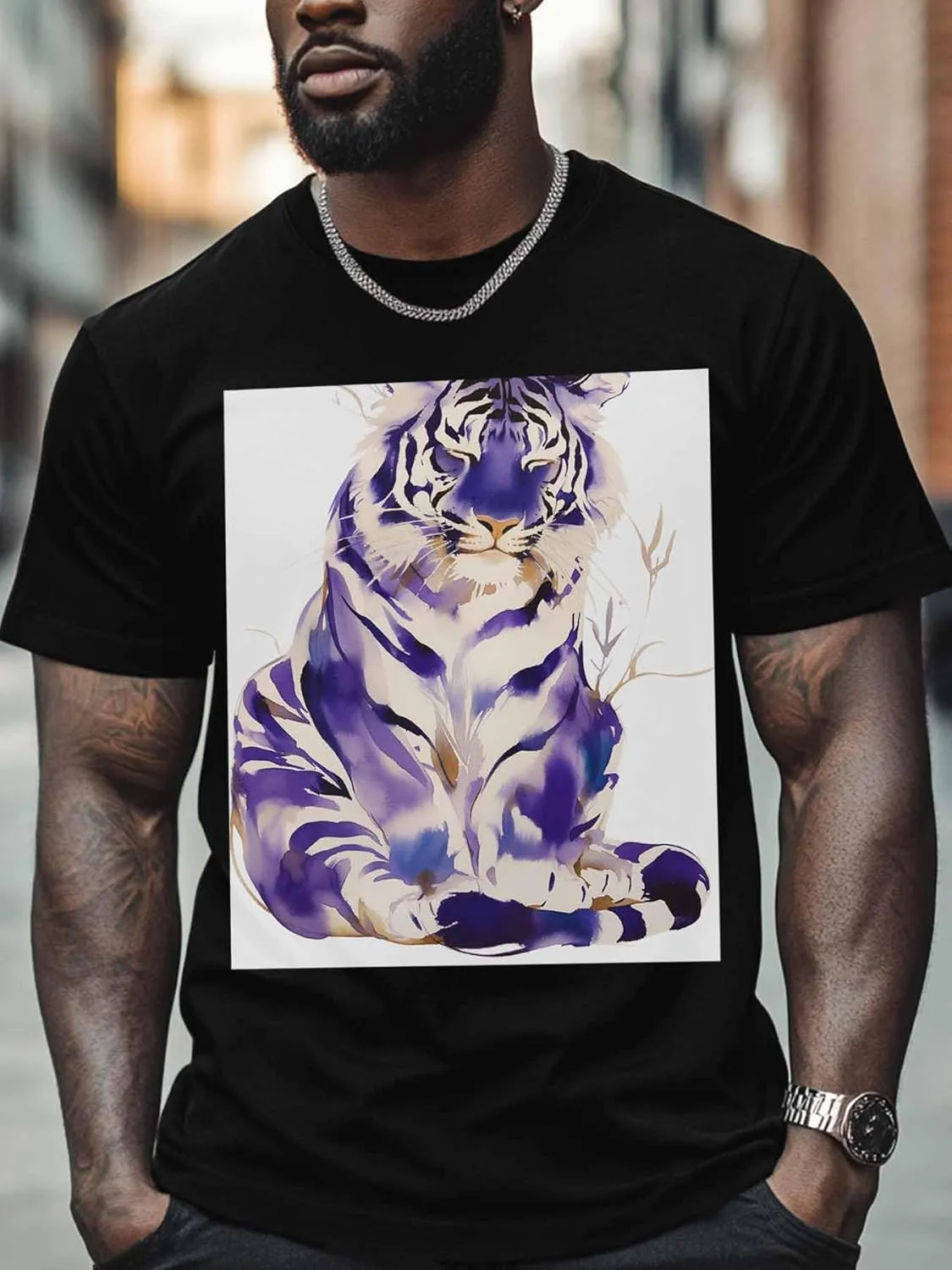 Purple Tiger Men's T Shirts T-Shirt for Men Crew Neck Tees Cotton Tops
