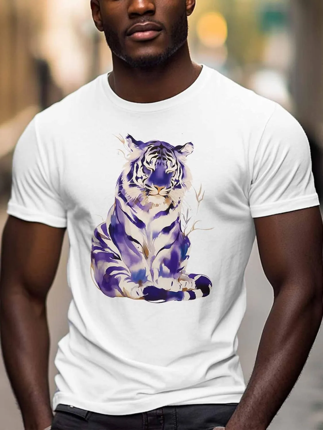 Purple Tiger Men's T Shirts T-Shirt for Men Crew Neck Tees Cotton Tops
