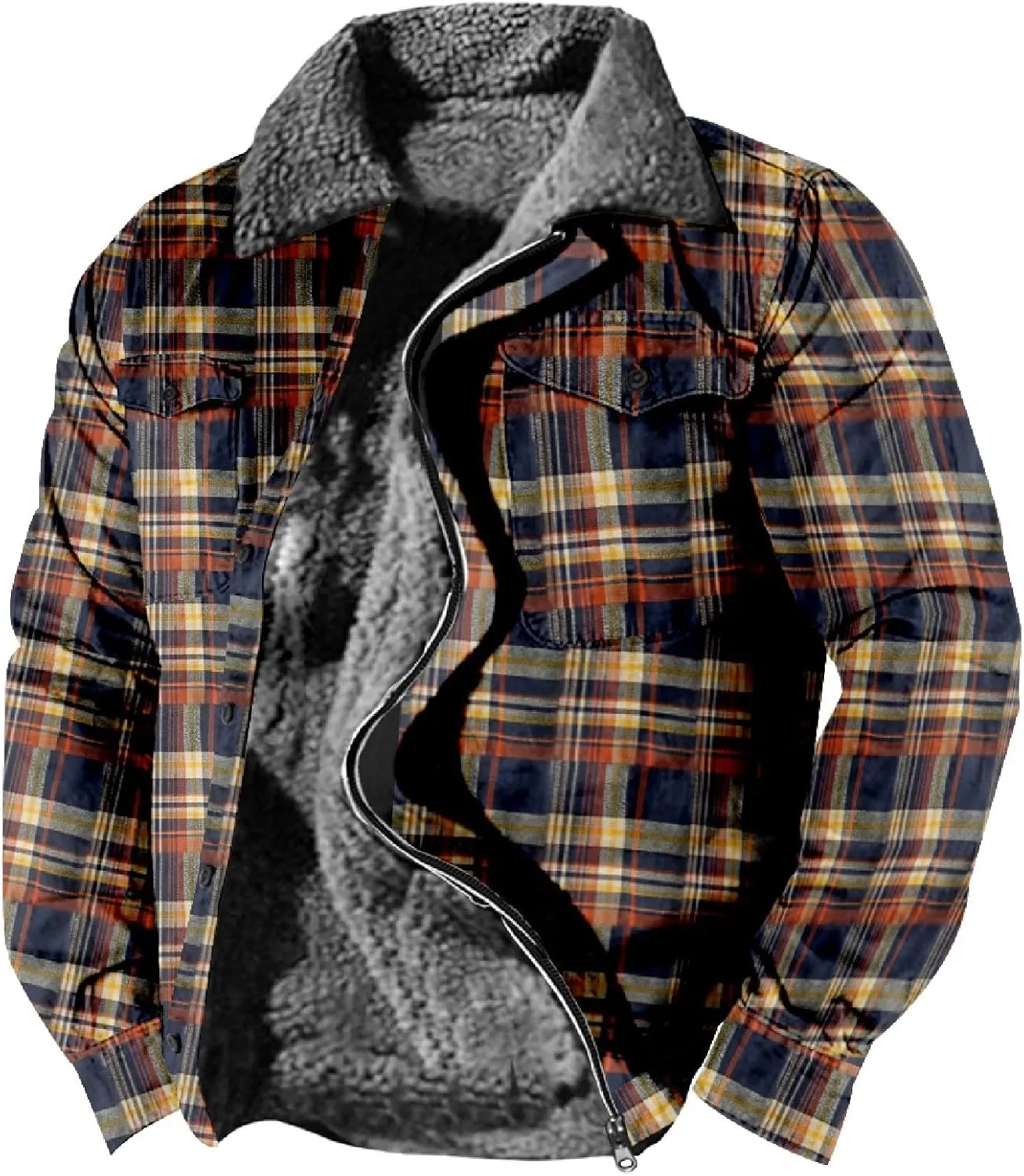 QWENTMTNTY Men Fleece Lined Sherpa Jacket Western Plaid Flannel Jackets Zip Up Big & Tall Thickened Thermal Heavyweight Coat