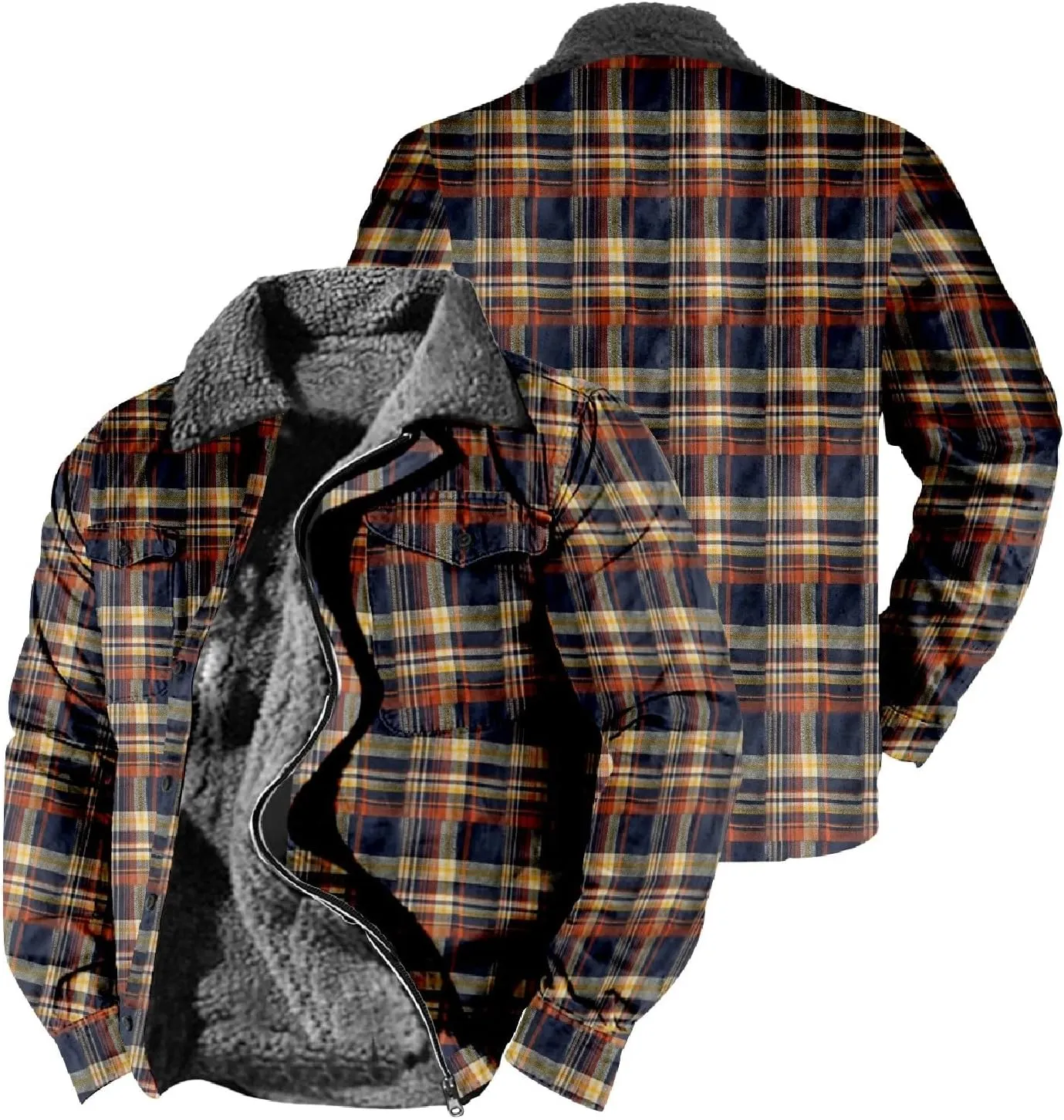 QWENTMTNTY Men Fleece Lined Sherpa Jacket Western Plaid Flannel Jackets Zip Up Big & Tall Thickened Thermal Heavyweight Coat
