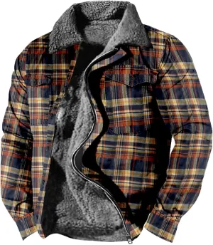 QWENTMTNTY Men Fleece Lined Sherpa Jacket Western Plaid Flannel Jackets Zip Up Big & Tall Thickened Thermal Heavyweight Coat