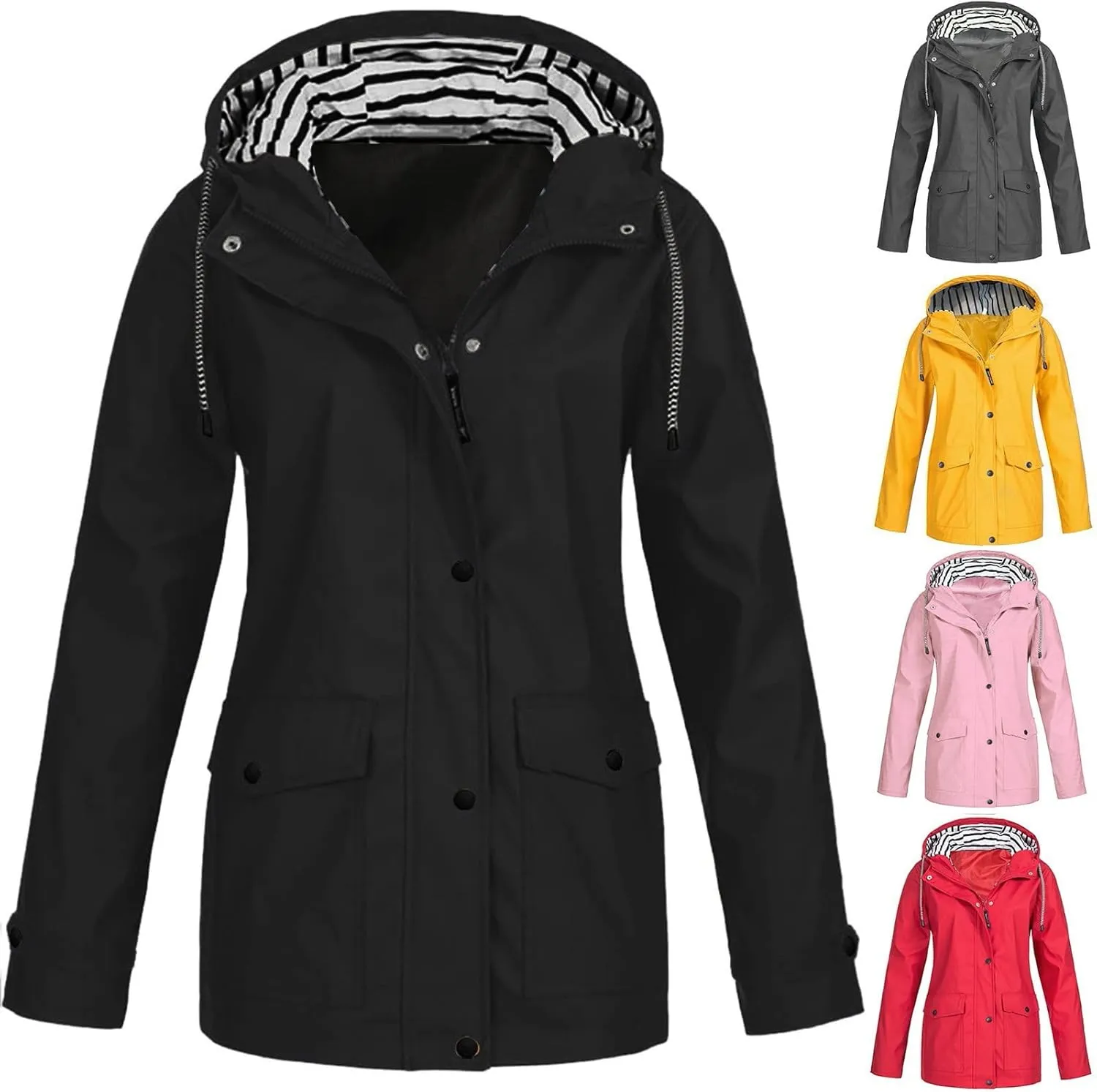 Rain Coats for Women Winter Warm Fleece Lined Jackets Plus Size Waterproof Trench Coat Hooded Romper Outerwear