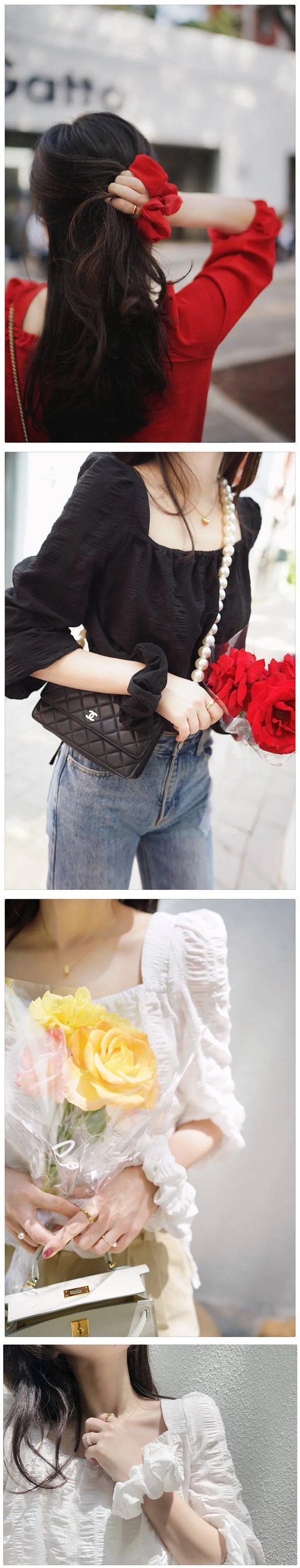 Red Long Sleeve Chiffon Square Neck Bowknot Blouse