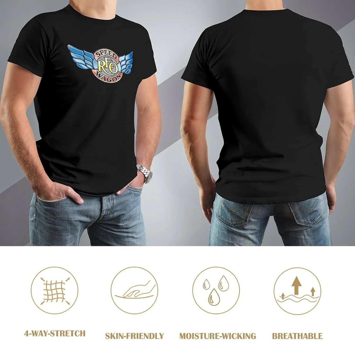 REO Music Speedwagon Men's T-Shirts Classic Crewneck Casual Short Shirt Cotton Teens Tee Tops