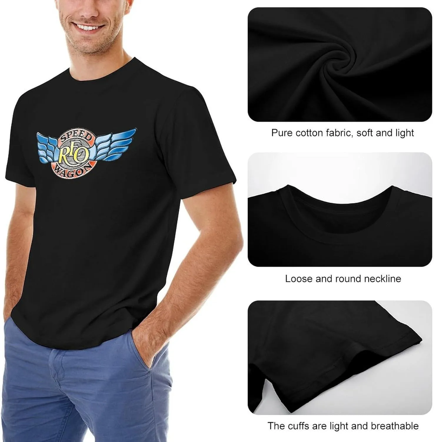 REO Music Speedwagon Men's T-Shirts Classic Crewneck Casual Short Shirt Cotton Teens Tee Tops
