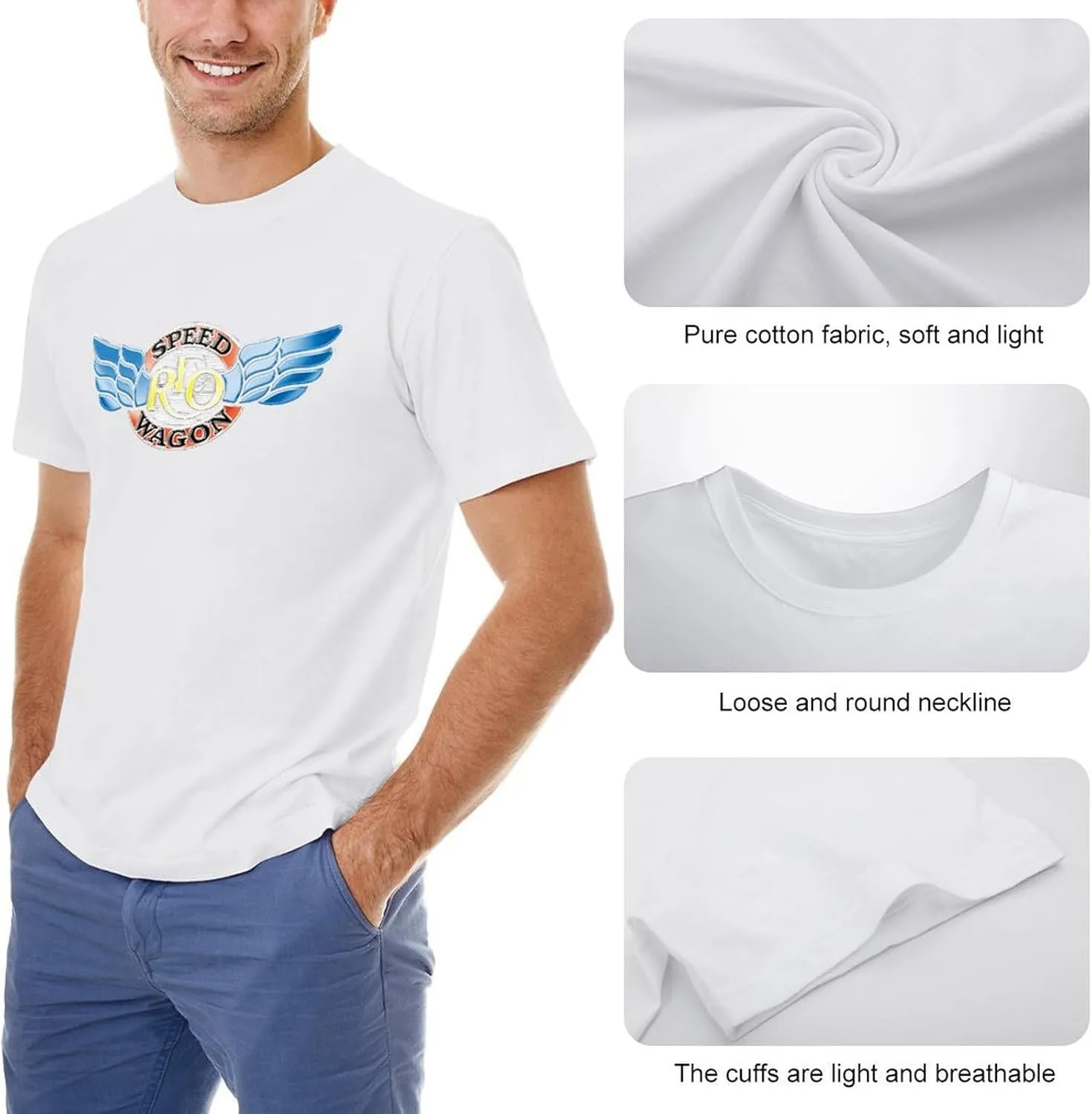REO Music Speedwagon Men's T-Shirts Classic Crewneck Casual Short Shirt Cotton Teens Tee Tops