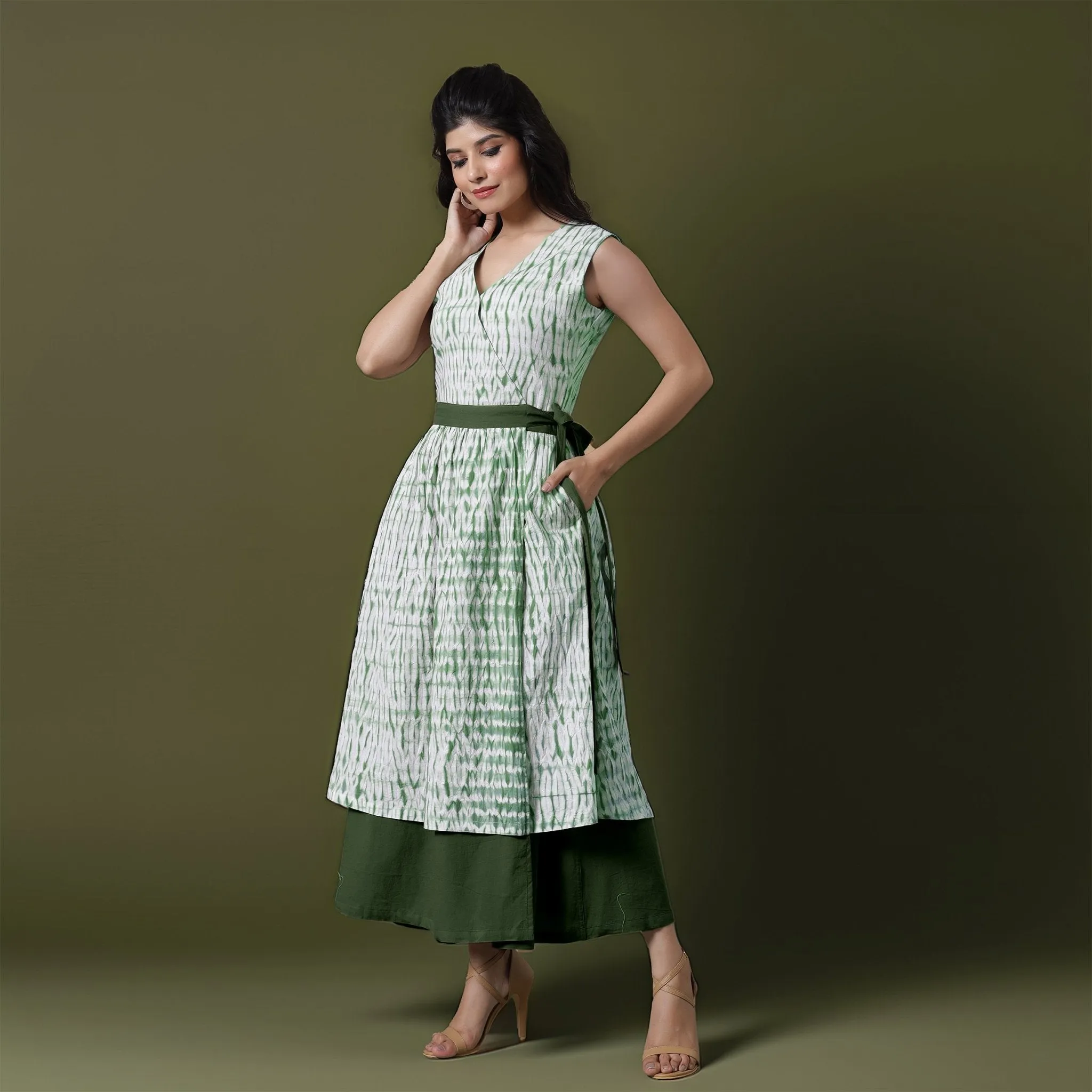 Reversible Forest Green Tie-Dye Cotton V-Neck Sleeveless Maxi Wrap Dress