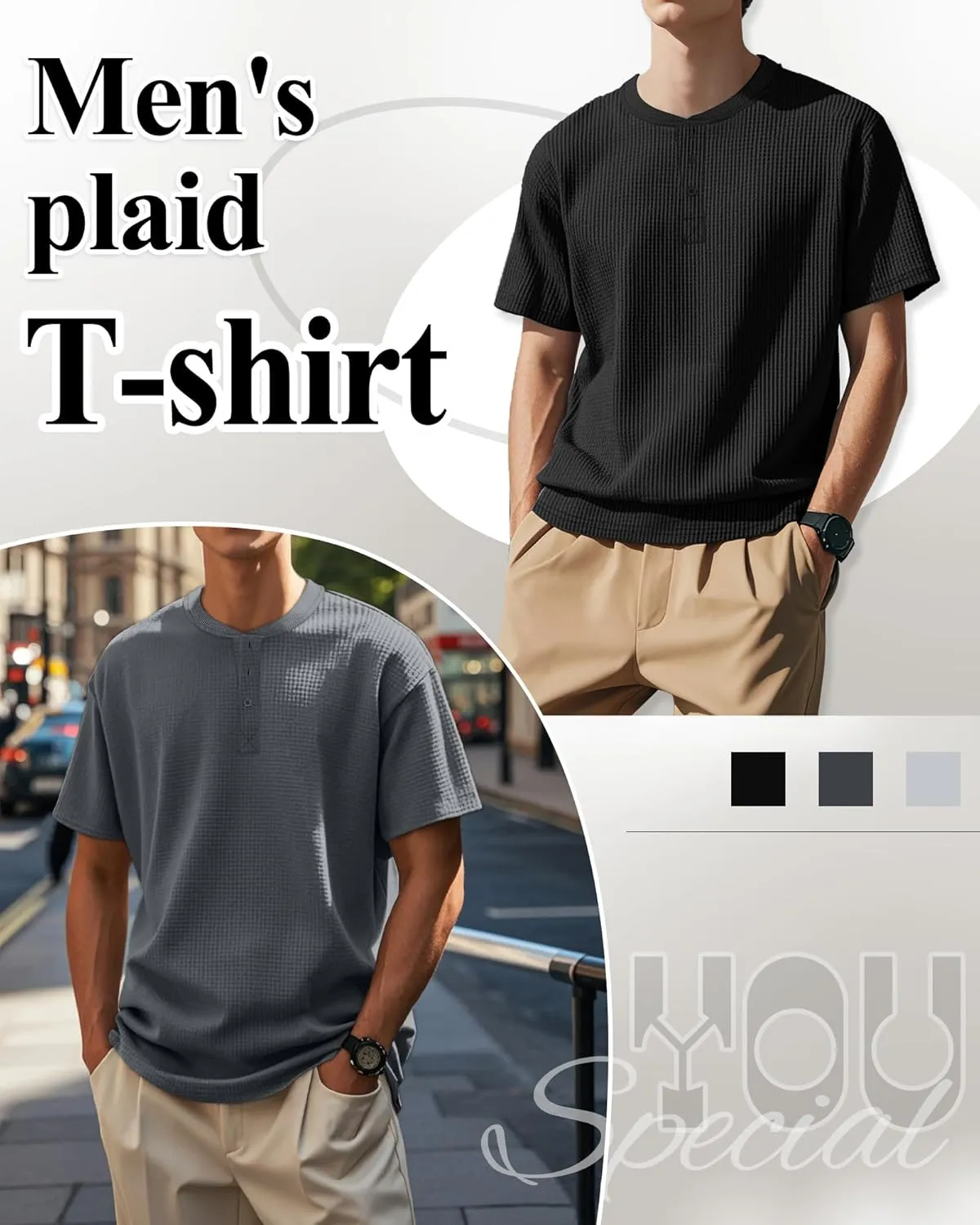 Riyiper 3 Pack Men's Waffle T Shirts Casual Knit Short Sleeve Shirts Basic Cotton Summer Solid Lightweight Tees