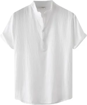 RTRDE Men's Linen Shirts Casual Fashion Solid Color Cotton Top Stand Collar Short Sleeve Shirt Tshirts Shirts