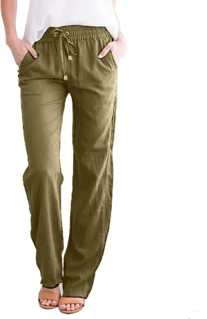 Rvidbe Women's Pants Casual, Women's Summer Drawstring Straight Leg Trousers Lightweight Elastic Waist Pants with Pockets