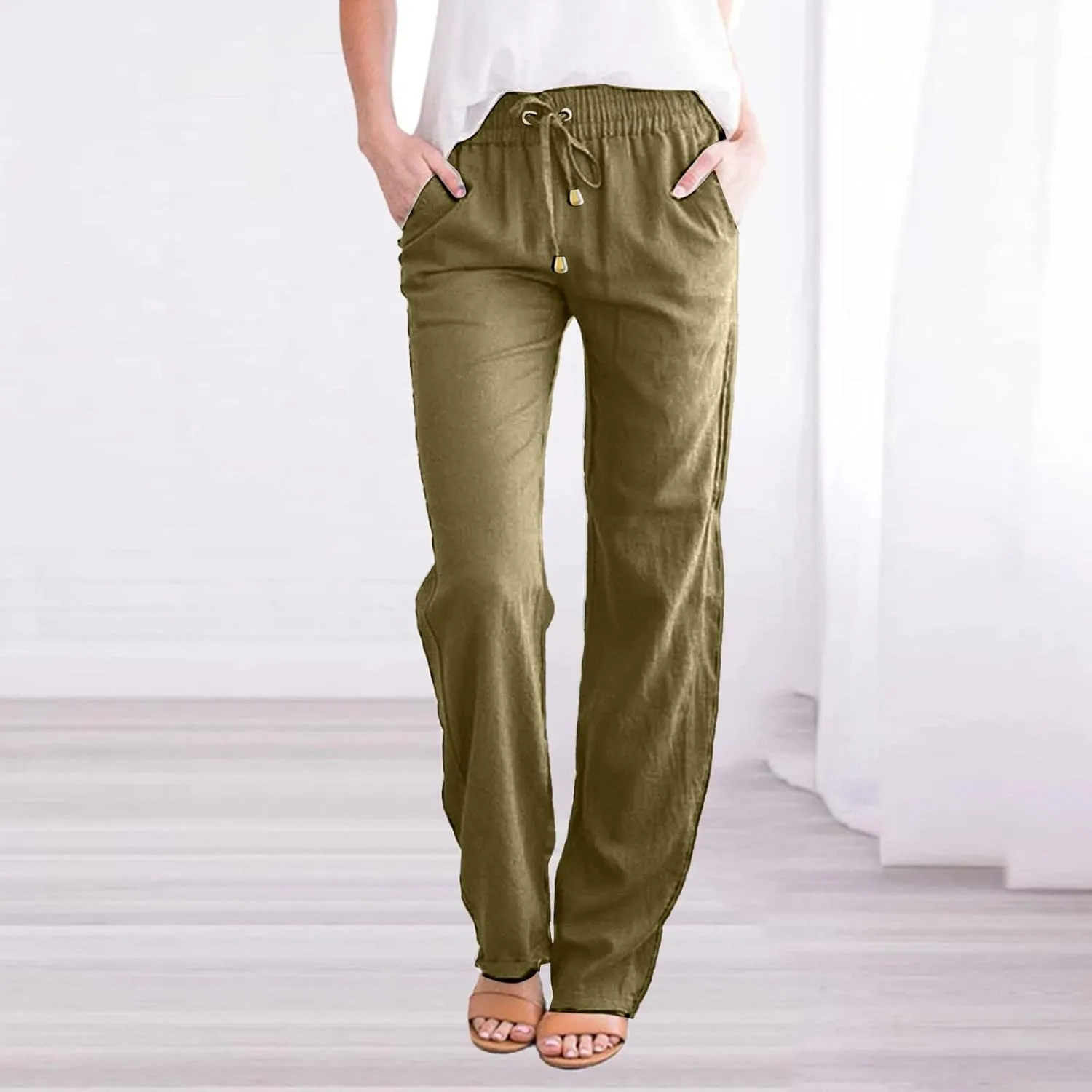 Rvidbe Women's Pants Casual, Women's Summer Drawstring Straight Leg Trousers Lightweight Elastic Waist Pants with Pockets