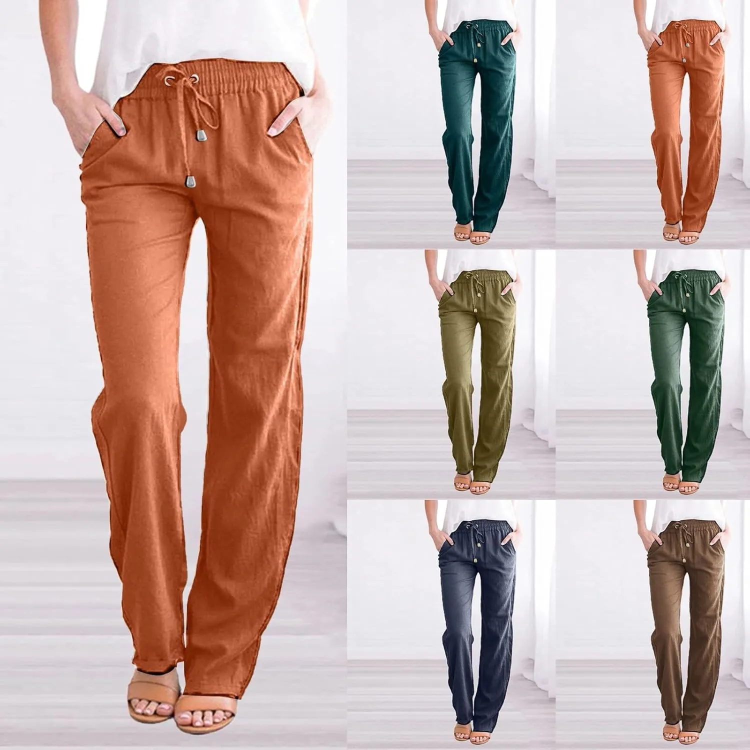 Rvidbe Women's Pants Casual, Women's Summer Drawstring Straight Leg Trousers Lightweight Elastic Waist Pants with Pockets