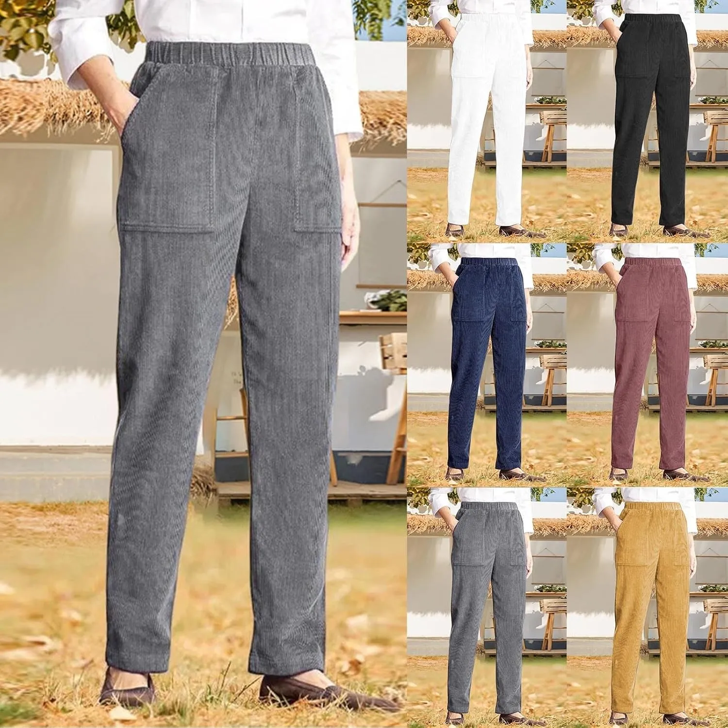 sdbrld Corduroy Pants Women High Waisted Fashion 2024 Spring Elastic Straight Leg Trousers Corduroy Work Pants with Pockets