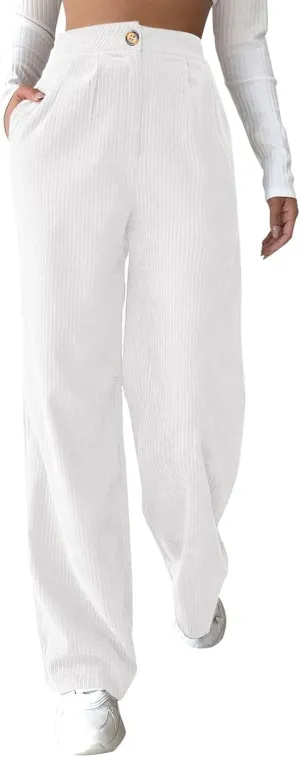 sdbrld Corduroy Pants Women High Waisted Fashion 2024 Spring Elastic Straight Leg Trousers Corduroy Work Pants with Pockets